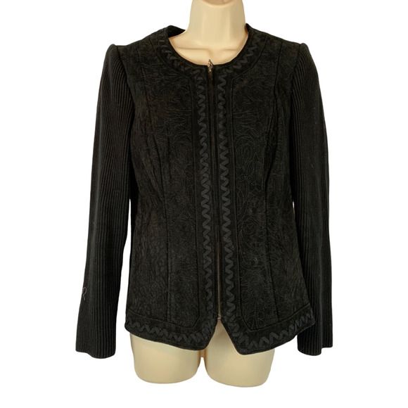 Peter Nygard Womens Jacket Black Floral Zipper Embroidered Knitted Leather M - Picture 6 of 9